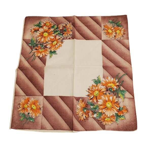 Vtg Floral Handkerchief Orange Daisey Brown Green 11"x12" Retro Fall Colors - Picture 8 of 8